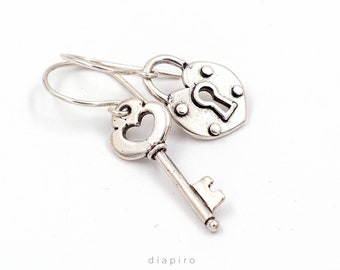Mismatch Sterling Silver Earrings: Key and Lock Dangle Earrings