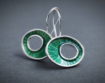 Handmade Sterling Silver Green Enamel Dangle Earrings