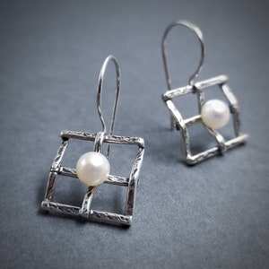 Sterling Silver Pearl Earrings: Dainty Square Bridal Jewelry