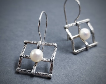 Sterling Silver Pearl Earrings: Dainty Square Bridal Jewelry