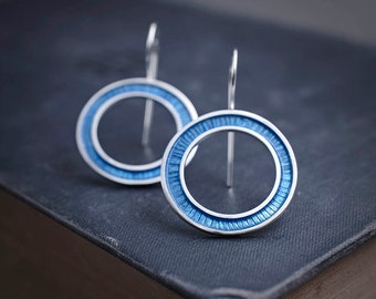 Enamel Hoop Earrings, Unique Earrings, Blue Enamel Earrings, Big Round Earrings, Sterling Silver Dangle Earrings