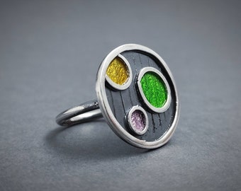 Handcrafted Sterling 925 Enamel Ring: Multicolor Artistic Jewelry