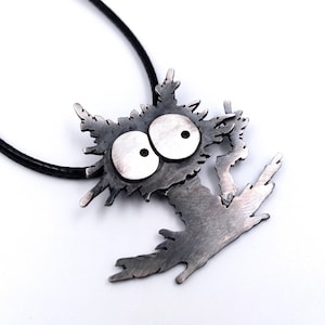 Black Cat Necklace, Weird Cat Pendant, Kitty Necklace, Cartoon Jewelry, Silver Pendant