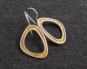 Enamel earrings silver, yellow drop earrings