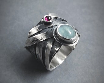 Aquamarine Garnet Sterling Silver Ring: Handmade Gemstone Jewelry