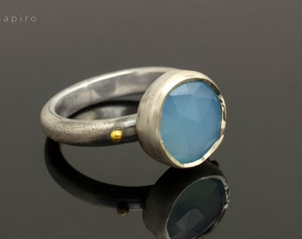 Blue Chalcedony, Silver and Gold 22k, Solitaire Ring, Engagement Ring