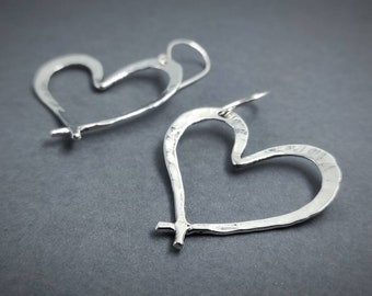 Handmade Sterling Silver Heart Drop Earrings, Artistic Design