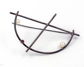 Minimal Silver Brooch, Garnet and Pearls, Artisan Geometric Pin, Dainty Brooch