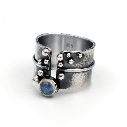 Moonstone Ring shops Adjustable Size, Silver Ring with Gemstone, Textured Ring Band Granulated