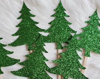 Christmas Tree Cupcake Toppers: Glitter Holiday Party Decor