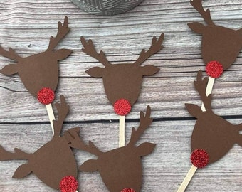 Reindeer Cupcake Toppers: Holiday Christmas Party Decorations (Set of 12)