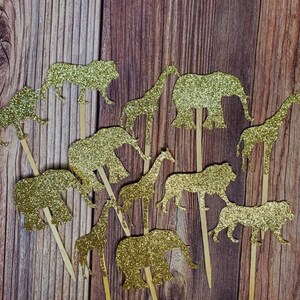 Jungle Safari Cupcake Toppers: Glitter Lion, Elephant, Giraffe (Set of 12)