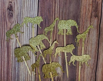 Jungle Safari Cupcake Toppers: Glitter Lion, Elephant, Giraffe (Set of 12)