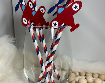 Airplane Party Straws: Red, White & Blue, Set of 12