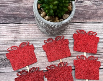 Christmas Present Cupcake Toppers: Holiday Party Decor (Set of 12)