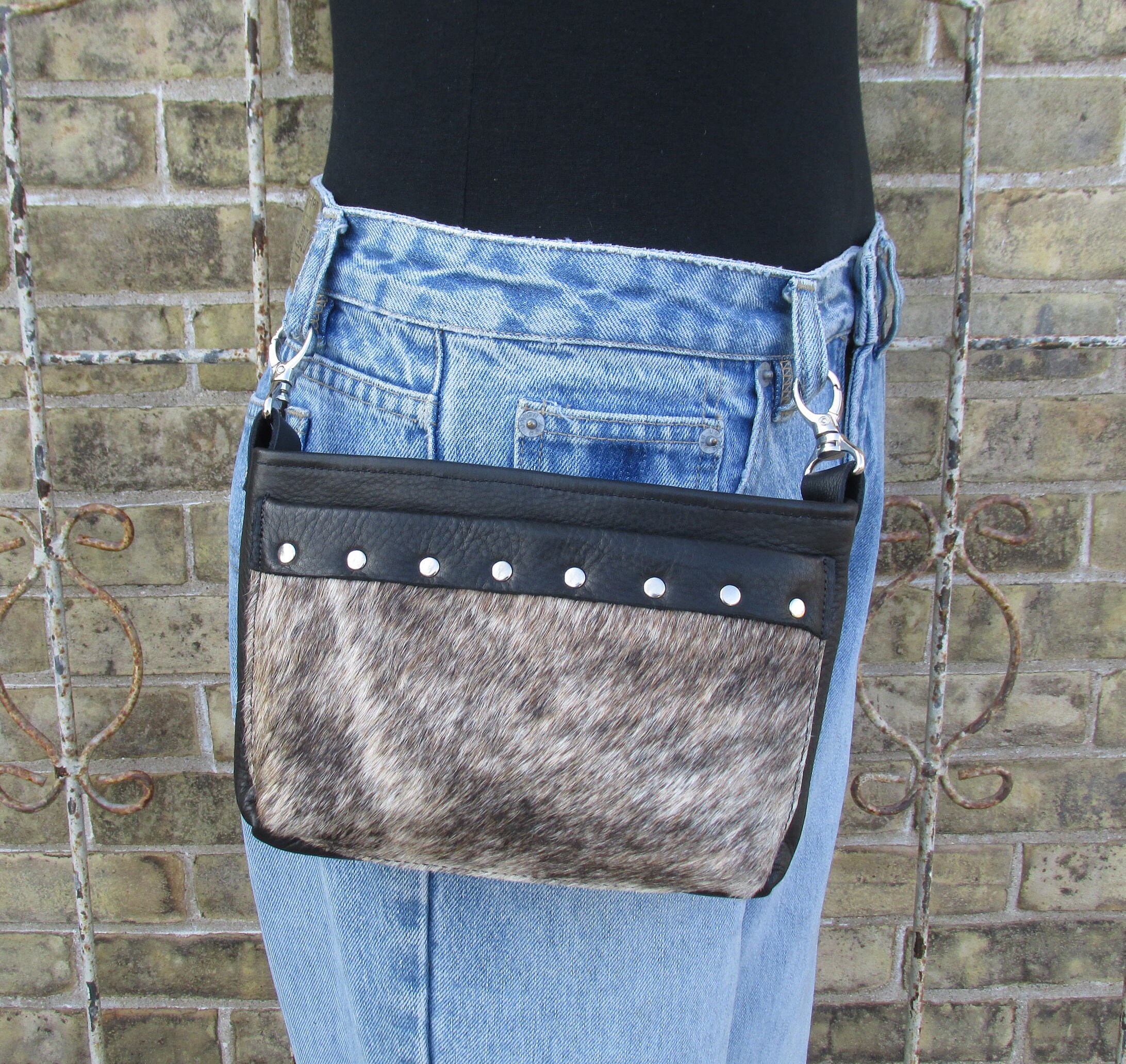 Leather Hip Bag women's black leather and hair on Etsy