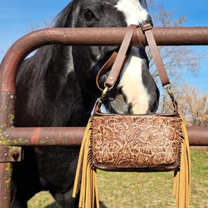 Women's Small Leather Crossbody Purse With Wallet Pockets, Boho Fringe Tooled Cowgirl Belt Loop Clip On Trail Ride Waist Hip Bag Handmade