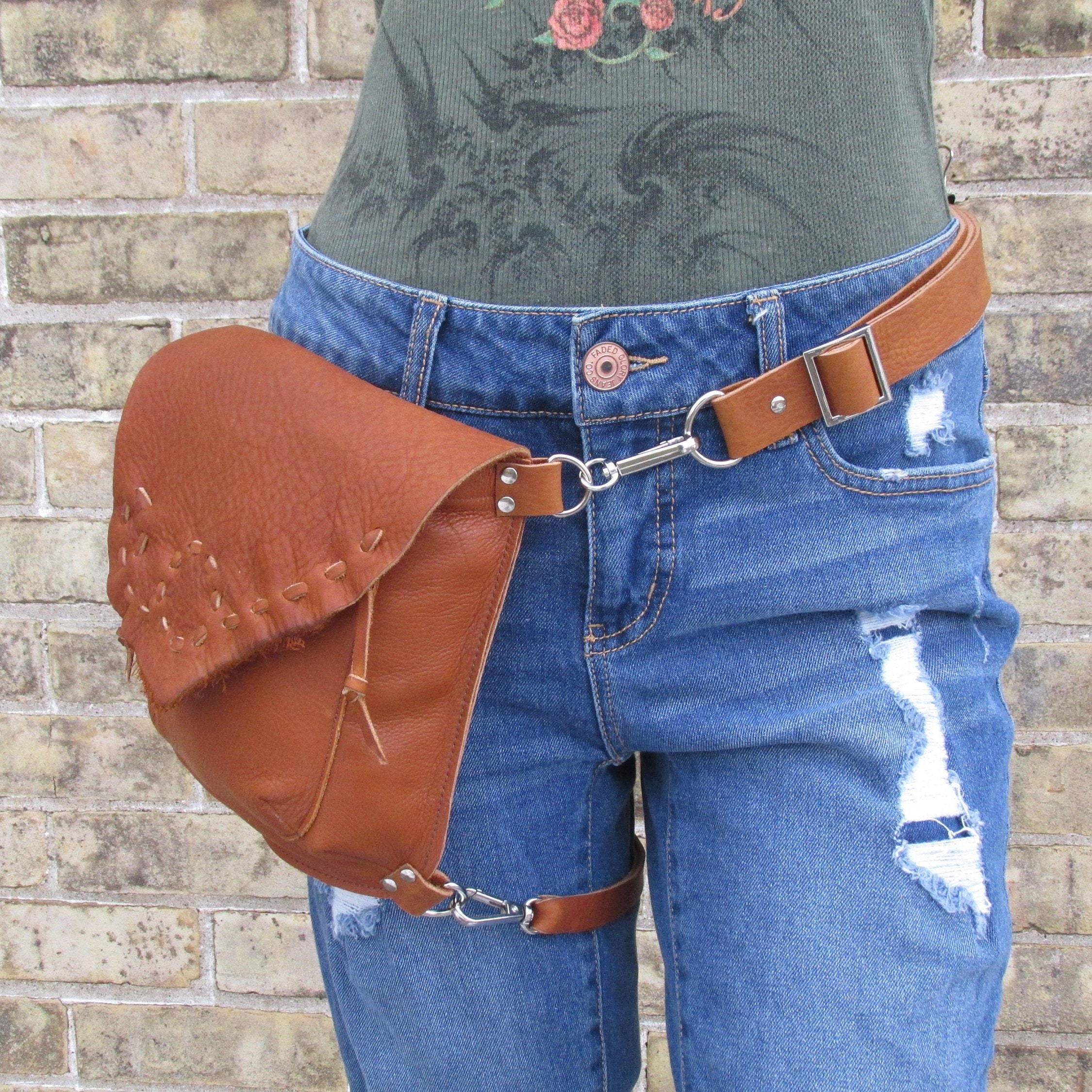 Brown Leather Belt Bag with leg strap belt loop bag clip on | Etsy