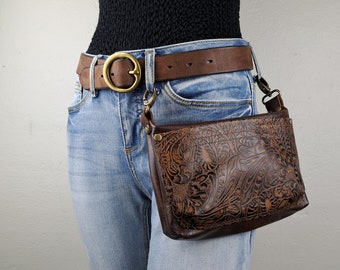 Women's Western Brown Leather Hip Bag, Cowgirl Small Convertible Crossbody Purse, Trail Ride Belt Loop Bag, Waist Bag Belt Bag, Hip clip Bag