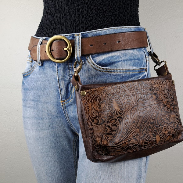 Women's Western Brown Leather Hip Bag, Cowgirl Small Convertible Crossbody Purse, Trail Ride Belt Loop Bag, Waist Bag Belt Bag, Hip clip Bag