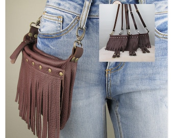 Brown Leather Hip Bag, Women's Western Fringe, Studded, Boho Crossbody, Clip On Belt Loop Waist Bag, Fanny Pack, Belt Bag, Bum Bag, Biker