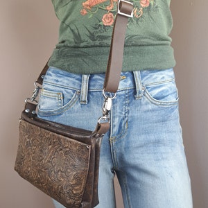 Women's Small Leather Crossbody Purse With Wallet Pockets, Cowgirl Western Tooled Belt Loop Clip On Trail Ride Waist Hip Bag Handmade