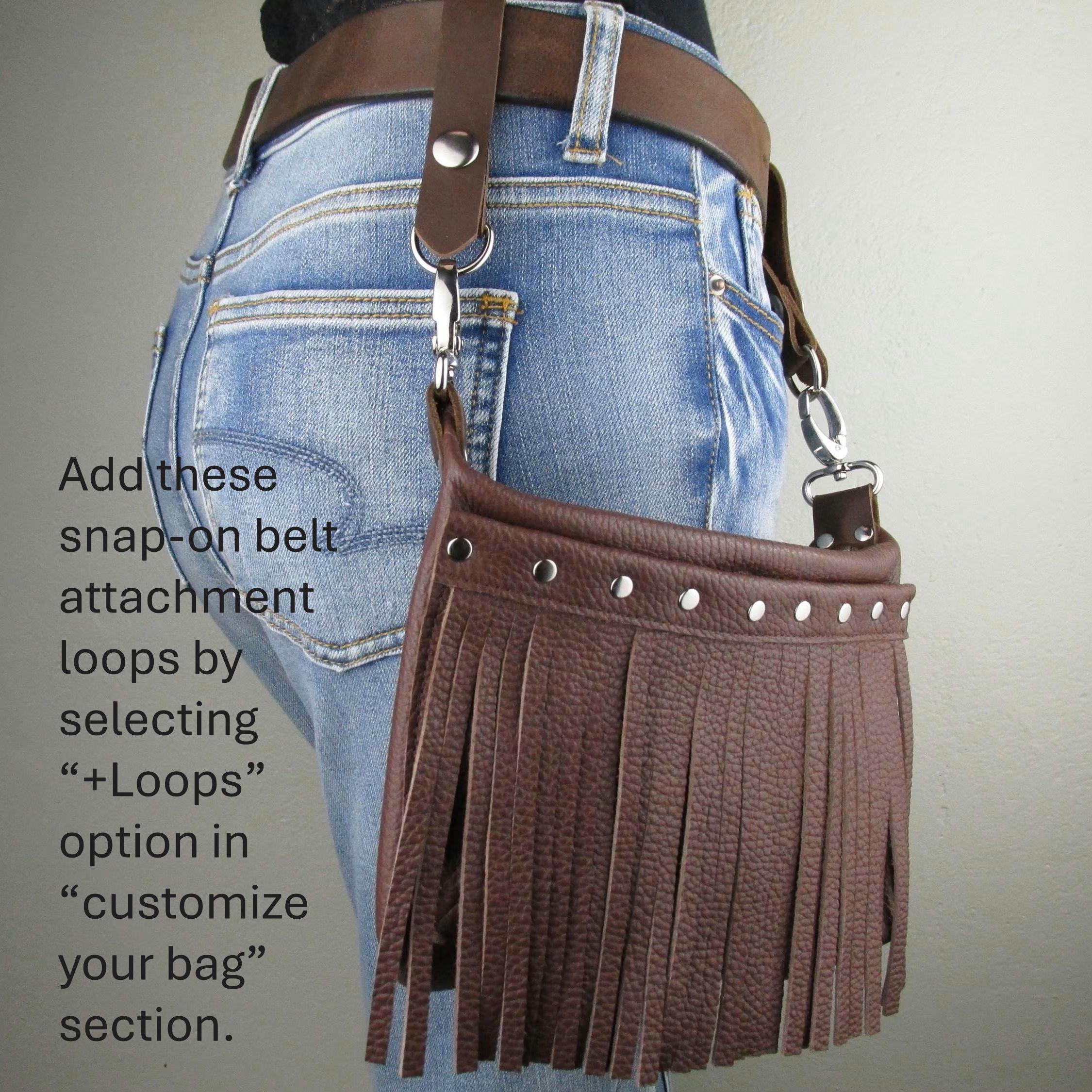Brown Leather Hip Bag, Women's Western Fringe, Studded, Boho