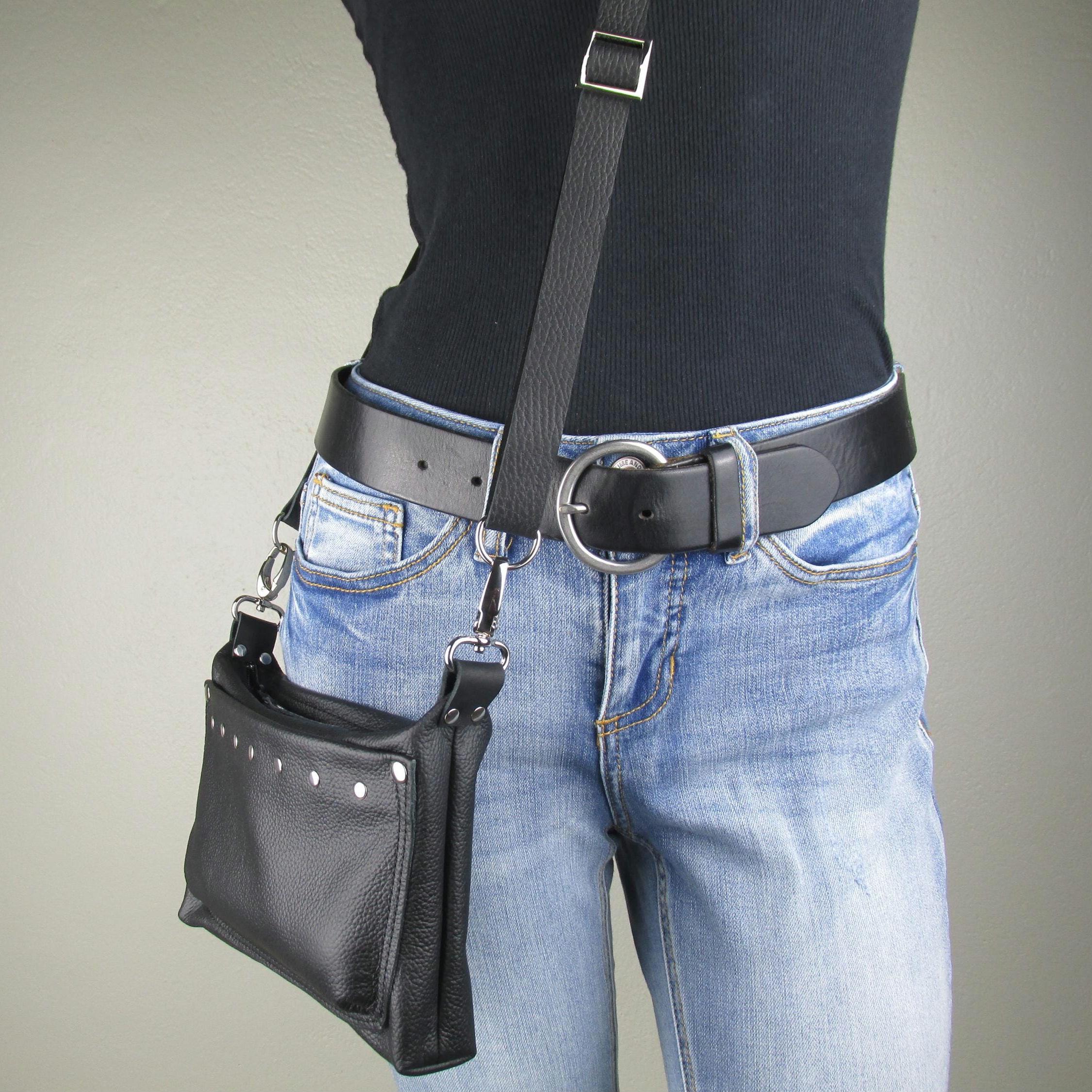 100 Brand Genuine Buffalo Leather Hip Clip Purse - Motorcycle Biker Fanny Pack For Women (Gray)