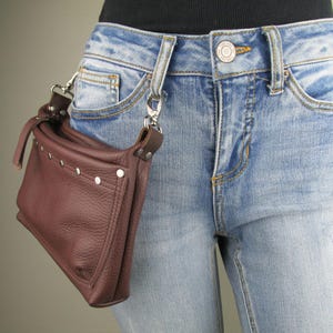 Brown Leather Studded Hip Bag, Small Convertible Crossbody Purse, Hip Clip Belt Loop Bag, Waist Bag, Belt Bag, Trail Ride, Festival, Biker