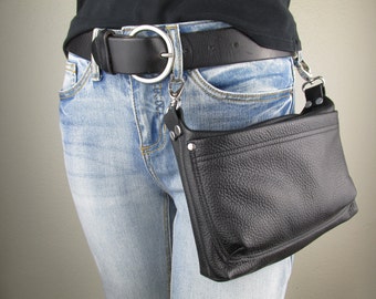 Men's or Women's Black Leather Hip Bag, Small Convertible Crossbody Purse, Hip Clip Belt Loop Bag, Waist Bag, Belt Bag, Motorcycle Hip Pouch