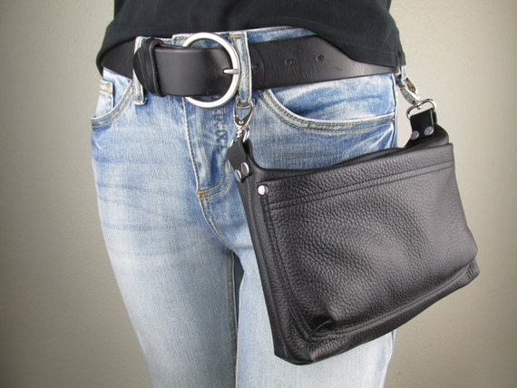 Men's or Women's Black Leather Hip Bag Small 