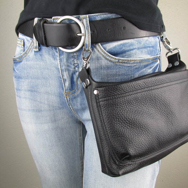 Men's or Women's Black Leather Hip Bag, Small Convertible Crossbody Purse, Hip Clip Belt Loop Bag, Waist Bag, Belt Bag, Motorcycle Hip Pouch