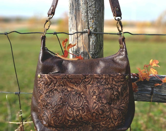 Brown Leather Cowgirl Purse, Embossed Floral Western Hobo Bag