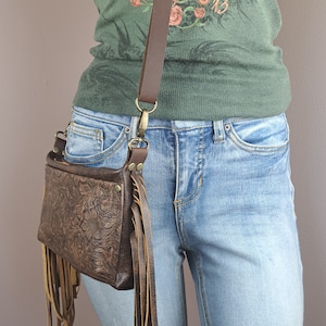 Women's Small Leather Crossbody Purse With Wallet Pockets, Boho Fringe Tooled Cowgirl Belt Loop Clip On Trail Ride Waist Hip Bag Handmade