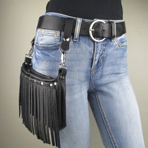 Women's Black Leather Hip Bag With Fringe Small Etsy