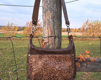 Womens Brown Leather Purse Cowgirl Shoulder Bag With Embossed Tooled Floral Leather, Distressed Vintage Looking Western Hobo Crossbody Purse