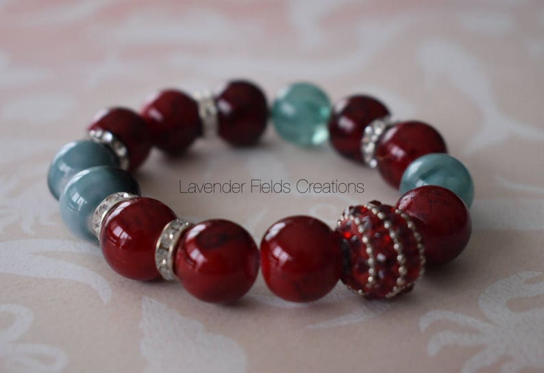 Chunky Red and Blue Glass and Rhinestone Stretch Bracelet 201819B