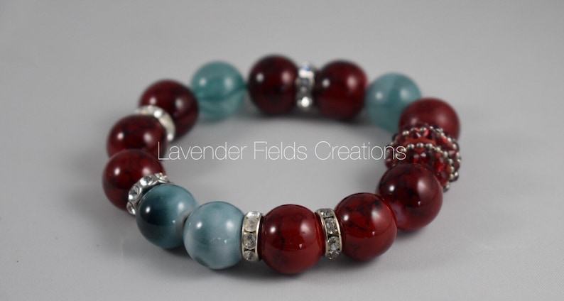 Chunky Red and Blue Glass and Rhinestone Stretch Bracelet 201819B