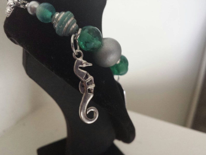 201799 Teal Glass and Silver Wood Bracelet with 3 Charms and Heart Toggle and Matching Earrings Set