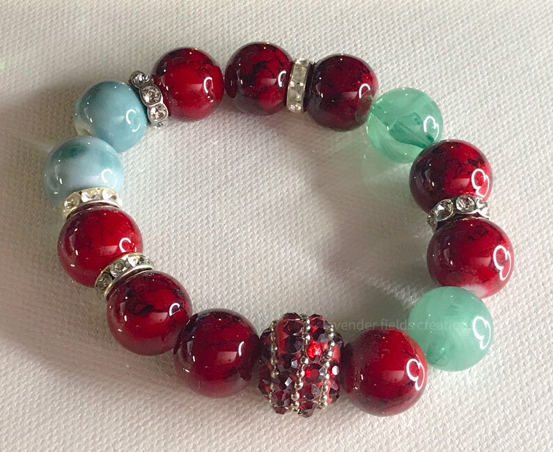 Chunky Red and Blue Glass and Rhinestone Stretch Bracelet 201819B
