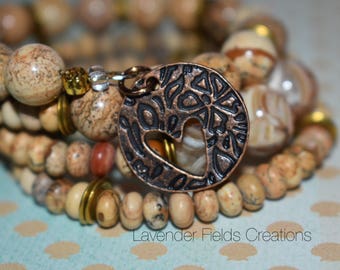 Picture Jasper and Shell Beads Memory Wire Bracelet (201826B)