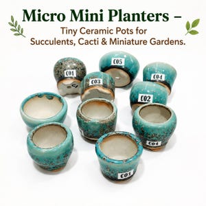 May include: A collection of small ceramic pots in various shades of teal and blue with speckled textures. Each pot is labeled with a code such as C01, C02, C03, C04, or C05. The text Micro Mini Planters - Tiny Ceramic Pots for Succulents, Cacti & Miniature Gardens is visible.