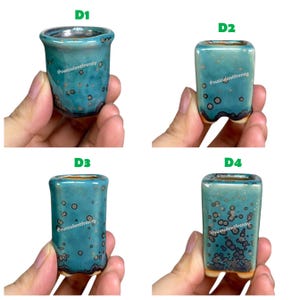 May include: Four small ceramic succulent pots labeled D1, D2, D3, and D4. Each pot features a glossy teal glaze with dark brown circular crystalline patterns and a smooth finish. The text @succulentfrenzy is printed on the side of each pot.