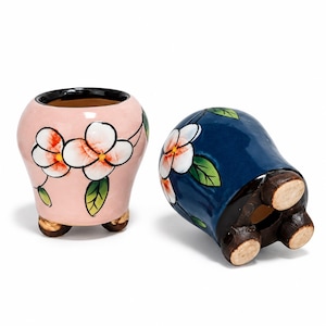 May include: Two ceramic planters with three brown feet. One planter is light pink and the other is dark blue. Both feature hand-painted white flowers with orange centers and green leaves. The interiors and rims are black.