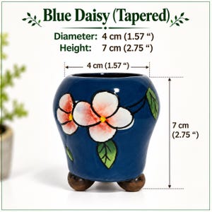 Hand-Painted Blue Ceramic Planter, Floral Succulent Pot, Small Footed Plant Pot,  Indoor Planter