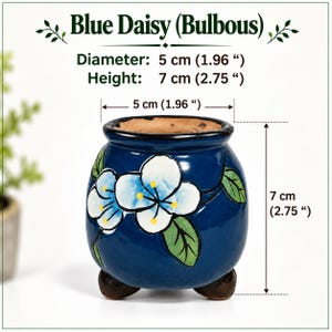 May include: A dark blue ceramic planter with a hand-painted white flower design and green leaves. The planter has three small brown feet and measures 1.96 inches in diameter and 2.75 inches in height. Text reads: Blue Daisy (Bulbous).