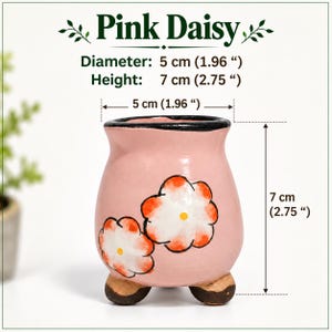 May include: A pink ceramic planter with a black rim and three brown feet, featuring two painted orange and white flowers. Text reads Pink Daisy. Dimensions are 1.96 inches in diameter and 2.75 inches in height, as indicated by the measurement lines.