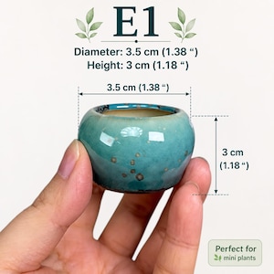 May include: A small, round, teal ceramic planter with a speckled finish. The planter features a diameter of 1.38 inches and a height of 1.18 inches. The text E1 is displayed above the object, along with the dimensions and the phrase Perfect for mini plants.