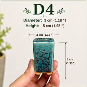 May include: A small square ceramic planter with a teal and dark blue speckled glaze. The text D4 is displayed above, with dimensions indicating a diameter of 3 cm (1.18 inches) and a height of 5 cm (1.95 inches) shown with measurement lines.