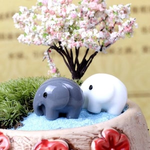 May include: A miniature garden scene featuring two small elephant figurines, one gray and one white, nestled among green moss and blue pebbles. A miniature tree with pink and white blossoms provides a backdrop, all within a decorative pot.